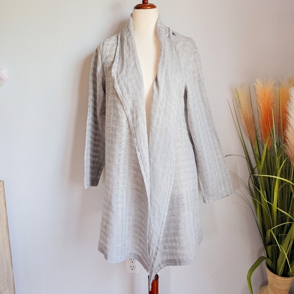 FLAX, Taupe Crosshatch Linen Draped Open Front Cardigan Topper, Size Small - Picture 1 of 9